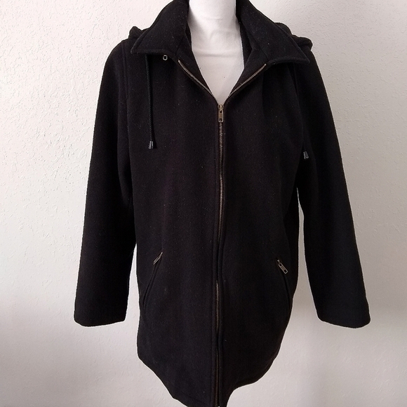 𝅺SANDRO Wool coat Removable hood Black Womens size M - Picture 1 of 10